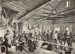 Russian soldiers in tavern near Warsaw fortifications, Poland, engraving from sketch by Fritzmann, from L