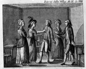 المشهد الثامن من الفصل الثاني من العمل الهزلي "Ritorno della villeggiatura" "(عودة المدينة) (1761) لكارلو جولدوني (1707-1793). نقش القرن الثامن عشر بواسطة المدرسة الايطالية