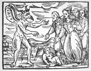 السحرة يقدمون طفلًا للشيطان ، من Compendium Maleticarum بواسطة الأب M Guaccius (1608) موضحة في تاريخ السحر المنشور في أواخر القرن التاسع عشر بواسطة المدرسة الايطالية