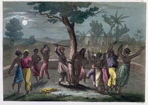 رقصة مومبو - جومبو ، وفقًا لأسفار Mungo Park ، من A History of Costume by J. Ferrario ، نُشرت في ميلانو عام 1820 بواسطة المدرسة الايطالية