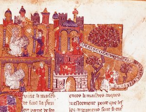 يعلم الفيلسوف اليوناني أرسطو (383-322 قبل الميلاد) طلابه الأخلاق واحتقار المرأة (mysoginia) مصغرة من مخطوطة إيطالية من القرن الرابع عشر. مكتبة إنغيمبرتين بلدية كاربينتراس. بواسطة المدرسة الايطالية