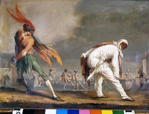 الأقنعة الإيطالية من Commedia dell'Arte: Captain Spezzamonti و Bagattino. لوحة مجهولة من القرن السابع عشر. متحف سكالا ، ميلانو. بواسطة المدرسة الايطالية