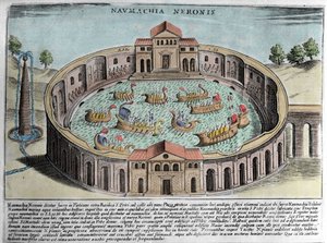 Naumachia of Neron ، تمثيل معركة بحرية في روما. نقش (القرن السابع عشر). بواسطة المدرسة الايطالية