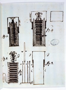 كومة فولطية (بطارية). رسم من خطاب اليساندرو فولتا (1745-1827) إلى ديودون دولوميو (1750-1801) حول الجلفنة ، 1801 (قلم وحبر على ورق) بواسطة المدرسة الايطالية