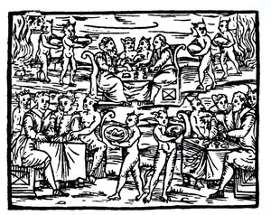 The Witches Sabbath ، نسخة من رسم توضيحي من Compendium Maleticarum بواسطة Fr M Guaccius ، ميلانو 1608 ، تم استخدامه في تاريخ السحر ، نُشر في أواخر القرن التاسع عشر بواسطة المدرسة الايطالية