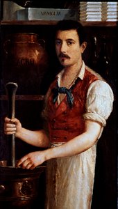 صناعة الشوكولاتة الحرفية طحن حبوب الكاكاو. لوحة مجهولة للإشارة. 1875-1900 ميلانو ، متحف ميلانو بواسطة المدرسة الايطالية