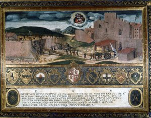 دمر سكان سيينا القلعة التي بناها الإسبان في عهد شارل الخامس 1552. بواسطة المدرسة الايطالية
