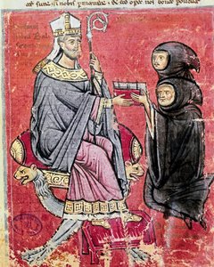 The monk Benedetto da Bari (representing young and old to indicate that writing his work has employed his whole life) handed over to the abbe Balsamo (13th century), leader of the Benedictine abbey of Cava de Tirreni, his codex De Septem Sigillis on the Re بواسطة المدرسة الايطالية
