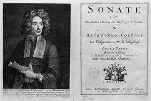صفحة عنوان Sonate a Tre مع صورة لـ Arcangelo Corelli (1653-1713) بواسطة المدرسة الايطالية