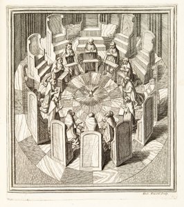 Twelve Judges of the Rota praying in a circular hall surrounding the Holy Spirit, pub. 1717 (engraving) بواسطة المدرسة الايطالية