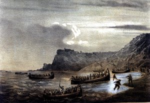 اتحاد إيطاليا: حملة الألف أو القمصان الحمراء بقيادة جوزيبي غاريبالدي (1807-1882). رحيل الأسطول الأول من غاريبالديين نحو كالابريا في فورت ستيلا. مطبوعات القرن التاسع عشر بواسطة المدرسة الايطالية