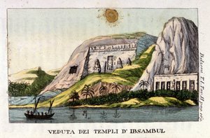 منظر لمعبد أبو سمبل. المؤلف جيوفاني باتيستا (جيانباتيستا) بيلزوني (1778-1823) ، مستكشف وعالم آثار إيطالي ، قام باكتشافات أثرية مهمة في مصر. نقش - في "" Viaggio in Egitto e in Nubia "بقلم بيلزوني ، ميلان بواسطة المدرسة الايطالية