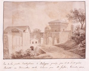 منظر لبوابة Castiglione في بولونيا ، نقشها S.A.I. بعد بوساتي ، ديسمبر 1814 (نقش ملون) بواسطة المدرسة الايطالية