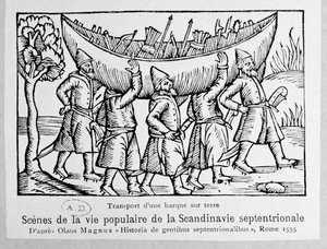 الفايكنج يحملون قاربًا إلى روسيا ، من تاريخ الشعوب الشمالية بقلم Olaus Magnus (1490-1558) ، نُشر في روما ، 1555 بواسطة المدرسة الايطالية