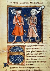 أذرع المحاربين من الهراوات - في مخطوطة "" The moinage of William "" من القرن الثالث عشر. bibilioteca Trivulziana. ميلان بواسطة المدرسة الايطالية