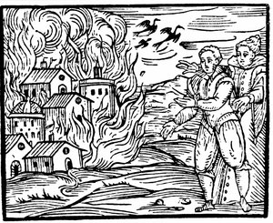 السحرة يدمرون منزلًا بالنار ، Swabia في عام 1533 ، رسم توضيحي من Compendium Maleficarum بقلم فرانشيسكو ماريا Guazzo ، 1608 بواسطة المدرسة الايطالية