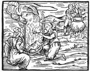 السحرة تحميص وغلي الرضع ، نسخة من رسم توضيحي من Compendium Maleticarum بواسطة Fr M Guaccius ، ميلان 1608 ، تم استخدامه في تاريخ السحر ، تم نشره في أواخر القرن التاسع عشر بواسطة المدرسة الايطالية