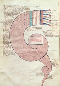 السيدة ASPi ، CM 15 ، c.3v صفحة من النص مع تنين مروع ، من Liber Figurarum e le Proemisssiones Gioachimitiche بواسطة Joachim of Flora (c.1132-1202) بواسطة المدرسة الايطالية