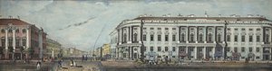 جسر الشرطة مع قصر ستروغانوف. من بانوراما نيفسكي بروسبكت ، 1830