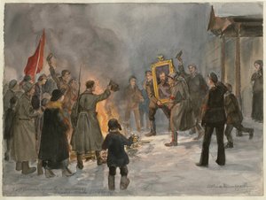 جنود يحرقون اللوحات (من سلسلة الألوان المائية في الثورة الروسية) - Oeuvre de Ivan Alexeyevich Vladimirov (1869-1947) - 1917 - ألوان مائية على الورق - 25،7x34،5 - مجموعة خاصة
