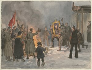 جنود يحرقون لوحات من سلسلة الألوان المائية الثورة الروسية ، 1917