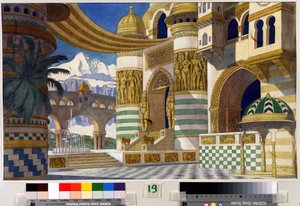 رسم تحضيري لديكور أوبرا "روسلان ولودميلا" للمخرج ميخائيل إيغور جلينكا (1804-1857) (تصميم مسرحي لأوبرا رسلان ولودميلا من تأليف إم جلينكا). لوحة إيفان ياكوليفيتش بيليبين (بيليبين) (1876-1942). ألوان مائية وحبر على ورق ، 3 بواسطة إيفان ياكوفليفيتش بيليبين