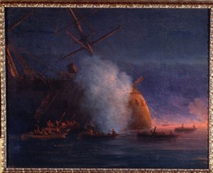 الحرب الروسية التركية (الروسية التركية) 1877-1878: هجوم القاطع الروسي على البارجة البخارية التركية أساري شيفكيت في البحر الأسود في 12 أغسطس 1877 بواسطة إيفان كونستانتينوفيتش أيفازوفسكي