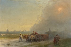 "" عربات الثيران في السهوب الأوكرانية "" عربات الثيران في السهوب الأوكرانية لوحة إيفان كونستانتينوفيتش أيفازوفسكي (أيفازوفسكي 1817-1900) 1888 - ألوان زيتية على قماش خافت 26x38.7 سم مجموعة خاصة بواسطة إيفان كونستانتينوفيتش أيفازوفسكي