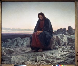 المسيح في الصحراء (المسيح في البرية). المسيح جالسًا على صخرة ، ويداه مقيدتان في موقف تأملي. لوحة إيفان نيكولايفيتش كرامسكوي (1837-1887) ، زيت على قماش