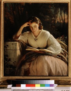 القراءة. صورة لزوجة الفنانة تنغمس في قراءة كتاب. (قراءة. صورة لزوجة الفنان). لوحة إيفان نيكولايفيتش كرامسكوي (1837-1887) ، زيت على قماش