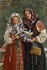 الزهور البرية. (زهور مرج). أم وابنتها ، اللتان ترتديان ثيابهما الفلكلورية الأنيقة مع وشاح ملون يغطي شعرهما ، يحملان باقة من الزهور البرية في يديهما. لوحة إيفان سيميونوفيتش كوليكوف (كوليكوف) (1875