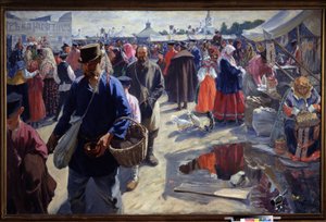 المعرض (عادل). مشهد سوق في بلدة روسية إقليمية ، في جو تقليدي ، مع الفلاحين والباعة. لوحة إيفان سيميونوفيتش كوليكوف (كوليكوف) (1875-1941) ، زيت على قماش