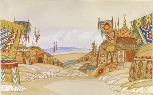 معسكر بولوفتسيان. تصميم المسرح لأوبرا الأمير إيغور من تأليف أ. بورودين ، 1930 بواسطة إيفان ياكوفليفيتش بيليبين