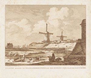 منظر خارج Haarlemmerpoort في أمستردام مع رسام جالس منظر خارج Haarlemmer-Poort ، على Hoogen Dijk ، باتجاه Zandhoek (العنوان على الكائن)
