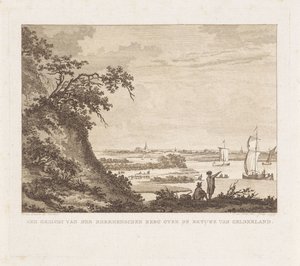 منظر واسع بشخصيتين وسفن شراعية منظر لـ Rheenenschen Berg فوق Betuwe of Gelderland (العنوان على الكائن) بواسطة بول فان ليندر
