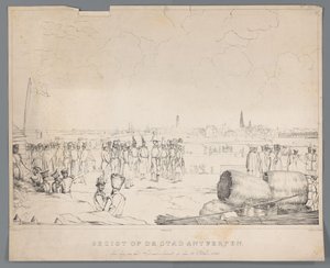 منظر لمدينة أنتويرب في اليوم التالي للقصف ، في 28 أكتوبر 1830 (العنوان على الجسم) بواسطة إيزاك شومان
