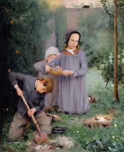 أطفال يدفنون طائرًا بواسطة J. Alden Weir