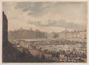منظر عين الطائر لسوق سميثفيلد ، مأخوذ من Bear & Ragged Staff ، يناير 1 ، 1811.