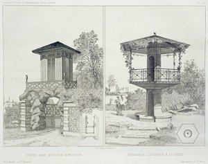 بوابة مع كشك ، Meudon ، وشرفة مغطاة ، St. Denis ، من حجم من التصاميم من قبل العديد من المهندسين المعماريين ، حانة. موريل وسي ، باريس ، حوالي 1880 (حفر)
