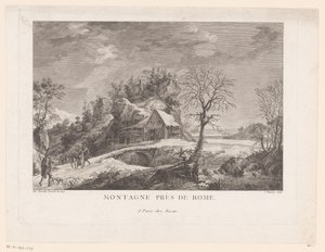 منظر لمنزل بالقرب من جسر به شخصيات Montagne près de Rome (العنوان على الكائن) بواسطة بيير فرانسوا باسان (ربما)