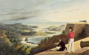 منظر للمرفأ الإنجليزي ، أنتيغوا من Great George Fort ، Monks Hill ، منقوش بواسطة T. Fielding ، حانة. بواسطة T. und G. Underwood ، 1827