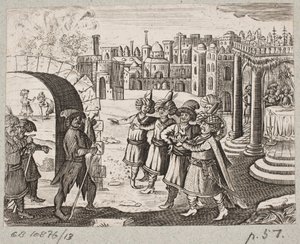 رسم توضيحي لآدم أوليريوس ، "روزنتال الفارسية لشاعر بارع شيش سعدي [...]" ، شليسفيغ 1660 بواسطة جي مولر