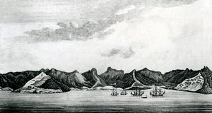 منظر لخليج كمبرلاند في جزيرة خوان فرنانديز ، حوالي عام 1745 (نقش) بواسطة شبيبة ميسون