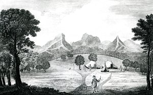 منظر لخيمة الكومودور في جزيرة خوان فرنانديز ، حوالي عام 1745 (نقش) بواسطة شبيبة ميسون