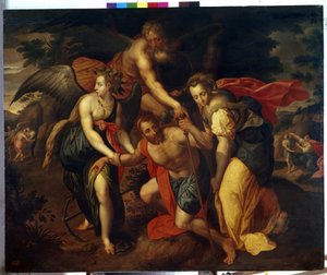 العصور الثلاثة لحياة الإنسان. (العصور الثلاثة). رجل في أوج عطائه تدعمه الملائكة وهو يتعثر ، على اليمين ، يخرج شاب من كهف ، بالقرب منه امرأة راكعة تقوم بإيماءة لتقييده إلى الخلف وعلى اليسار