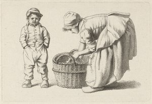 تحني الفتاة بالقرب من سلة وطفل دراسة عمل الطباعة / Etudes Gravées (عنوان السلسلة) بواسطة جاكوب إرنست ماركوس