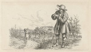 رجل يتكئ على عصا وامرأة مع طفل على طريق ريفي دراسة عمل الطباعة / Etudes Gravées (عنوان السلسلة) بواسطة جاكوب إرنست ماركوس