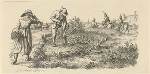رجل يحفر ، وامرأة مع سلة وجنود على ظهور الخيل دراسة عمل الطباعة / Etudes Gravées (عنوان السلسلة) بواسطة جاكوب إرنست ماركوس