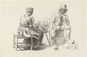 ورقة دراسة مع امرأة على عجلة دوارة ورجل جالس دراسة عمل الطباعة / Etudes Gravées (عنوان السلسلة) بواسطة جاكوب إرنست ماركوس