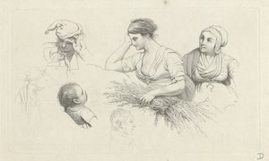 ورقة دراسة مع امرأة بها مجموعة من الفروع والأشكال دراسة عمل الطباعة / Etudes Gravées (عنوان السلسلة) بواسطة جاكوب إرنست ماركوس